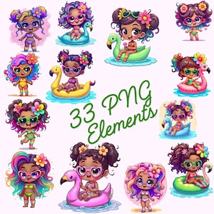 Puede incluir: Una colección de 33 elementos PNG con chicas de dibujos animados en trajes de baño, gafas de sol y accesorios florales para el cabello. Algunas chicas flotan en cisnes y flamencos inflables. El texto "33 PNG Elements" está en verde.