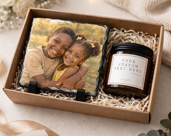 Personalized Watercolor Photo Gift Set Custom Slate stone & Candle, Gift for Mom Dad Grandma Family Portrait Gift mother's day gift