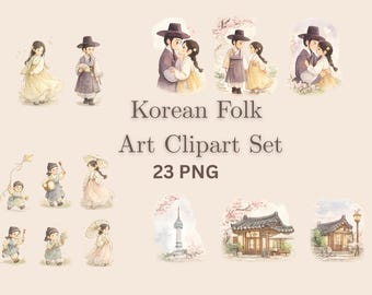 23 Korean Folk Art Clipart Bundle Watercolor Hanbok Characters Traditional Kculture Scenery Folk Graphics