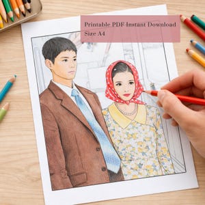 May include: A coloring page featuring a man in a brown suit and a woman in a floral dress and red headscarf. The text "Printable PDF Instant Download Size A4" is visible. Colored pencils are scattered around the page.