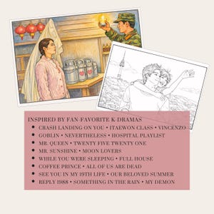 May include: An illustration featuring two framed images and a list of K-dramas. One image depicts a woman in a pink sweater, the other shows two people embracing. The list includes titles like "Crash Landing on You" and "Goblin."