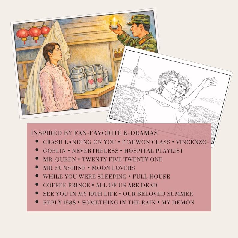 May include: An illustration featuring two framed images and a list of K-dramas. One image depicts a woman in a pink sweater, the other shows two people embracing. The list includes titles like "Crash Landing on You" and "Goblin."