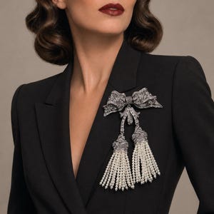 May include: A silver-toned brooch in the shape of a bow with dangling pearl tassels. The brooch is adorned with small, sparkling stones and is pinned to a black blazer. The pearls are white and the overall design is elegant.