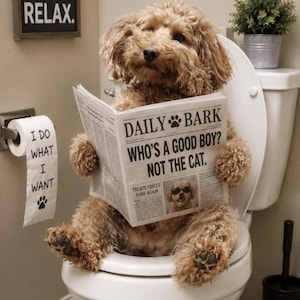 Può includere: Un cane marrone e soffice è seduto su un water, che legge un giornale intitolato "DAILY BARK". Il titolo del giornale recita "WHO'S A GOOD BOY? NOT THE CAT". Un cartello dice "SIT. STAY. RELAX." e la carta igienica dice "I DO WHAT I WANT".