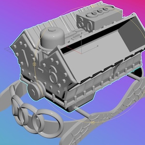 May include: A gray, 3D-rendered model of a car engine, featuring detailed components like cylinders, a fuel tank, and a pulley system. The engine is mounted on a stylized base with a repeating ring design. The background has a gradient of purple and blue.
