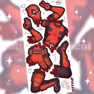 May include: A sheet of Deadpool stickers, featuring cartoon body parts in red and black. The stickers include a detached head, arms, torso, and legs. The text "KITTY4P" is visible in the bottom right corner. The style is cartoonish.