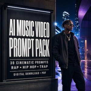 May include: A black billboard with white text reading AI MUSIC VIDEO PROMPT PACK, 30 CINEMATIC PROMPTS, RAP, HIP HOP, TRAP, and DIGITAL DOWNLOAD, PDF. A person stands beside the sign wearing a black jacket, black shirt, and dark sunglasses.