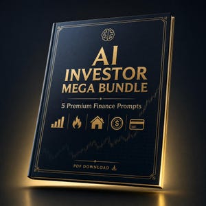 Może przedstawiać: Czarna okładka książki ze złotym napisem AI INVESTOR MEGA BUNDLE oraz 5 Premium Finance Prompts. Okładka zawiera złotą ikonę mózgu, subtelny wzór siatki oraz pięć ikon przedstawiających wykres słupkowy, ogień, dom, monetę i kartę płatniczą.