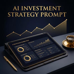 May include: A tablet displaying a financial dashboard with pie charts and line graphs titled PORTFOLIO OVERVIEW, PERFORMANCE, and ALLOCATION. The text AI INVESTMENT STRATEGY PROMPT appears above. A gold pen and a gold coffee cup are nearby.