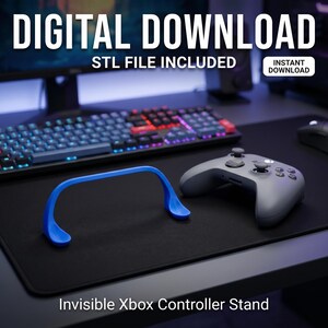May include: A blue, curved, minimalist controller stand for an Xbox controller, presented as a digital download with an STL file included. The text reads DIGITAL DOWNLOAD, STL FILE INCLUDED, INSTANT DOWNLOAD, and Invisible Xbox Controller Stand.