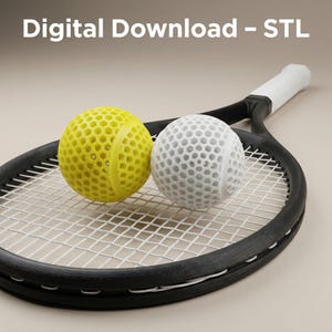 May include: A black tennis racket with a white grip and strings, holding a yellow and a white tennis ball. The tennis balls have a honeycomb design. Text at the top reads "Digital Download - STL".