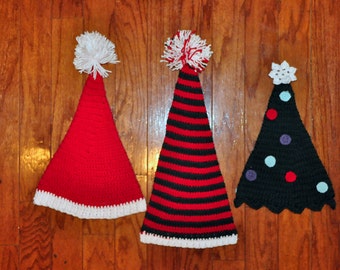 Crochet Pattern PDF - Stocking / Elf Hats - Spiral Holiday Hats - Santa, Striped Elf & Christmas Tree - Newborn to Adult Sizes