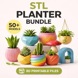 May include: An assortment of colorful, 3D-printed planters, each holding a different succulent or small plant. The image includes a variety of shapes and designs, including geometric, striped, and rainbow-colored planters. Text reads "STL PLANTER BUNDLE" and "3D PRINTABLE FILES."