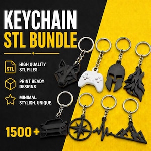 Puede incluir: Una colección de llaveros con varios diseños, incluyendo un lobo, un mando de videojuegos, un casco espartano, un lobo aullando, un coche, una brújula, un latido del corazón y una cordillera. Los llaveros son en blanco y negro, con anillas plateadas. El texto "KEYCHAIN STL BUNDLE" también está presente.