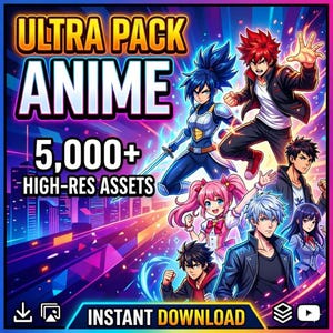 May include: Digital art graphic featuring anime characters with the text "ULTRA PACK ANIME" and "5,000+ HIGH-RES ASSETS". The image has a vibrant color scheme with a futuristic cityscape background and the words "INSTANT DOWNLOAD".
