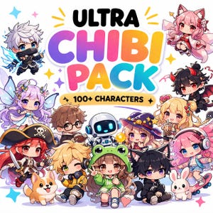 May include: An illustration featuring the text "ULTRA CHIBI PACK" in black and colorful bubble letters, with the words "100+ CHARACTERS" below. The image showcases various chibi characters, including a fairy, pirate, and robot.