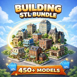 May include: An illustration of a collection of buildings, including houses and apartment buildings, with the text "BUILDING STL BUNDLE" and "450+ MODELS". The buildings are in various colors and styles, set against a blue sky.