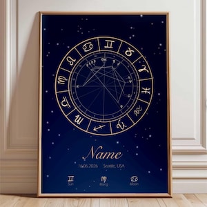 May include: A rectangular wall art print featuring a dark blue starry night background with a gold circular zodiac wheel, astrological symbols, and lines. Below the wheel, the text reads Name, 16.06.2026, Seattle, USA, Sun, Rising, and Moon.