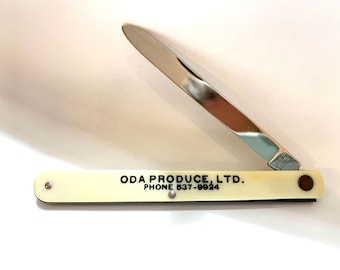Vintage 1970s Colonial Melon Tester Knife – Advertising Produce Knife, ODA Produce LTD, Slim Folding Fruit Knife