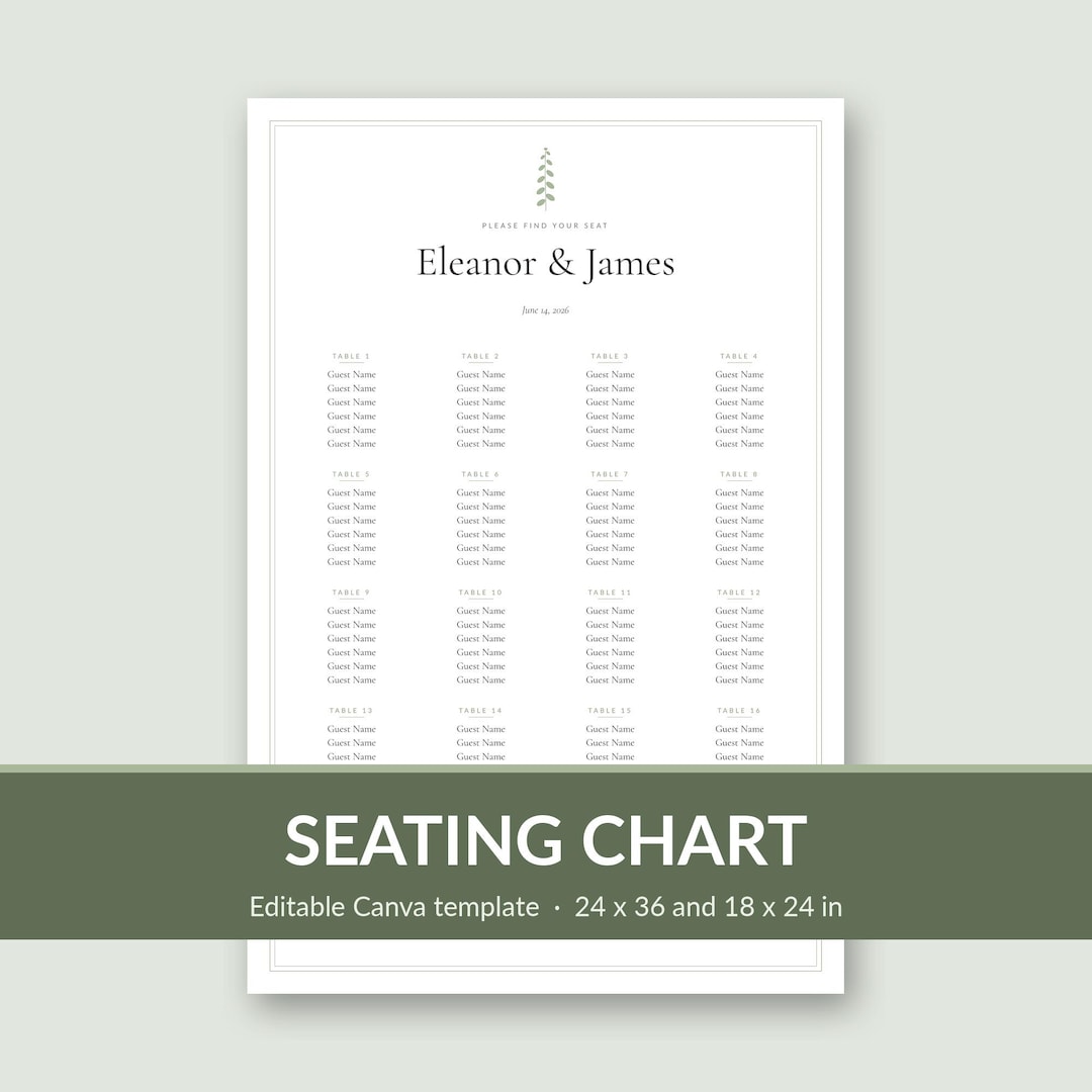 Editable Seating Chart Template, Wedding Seating Plan Sign, Canva, Sage ...