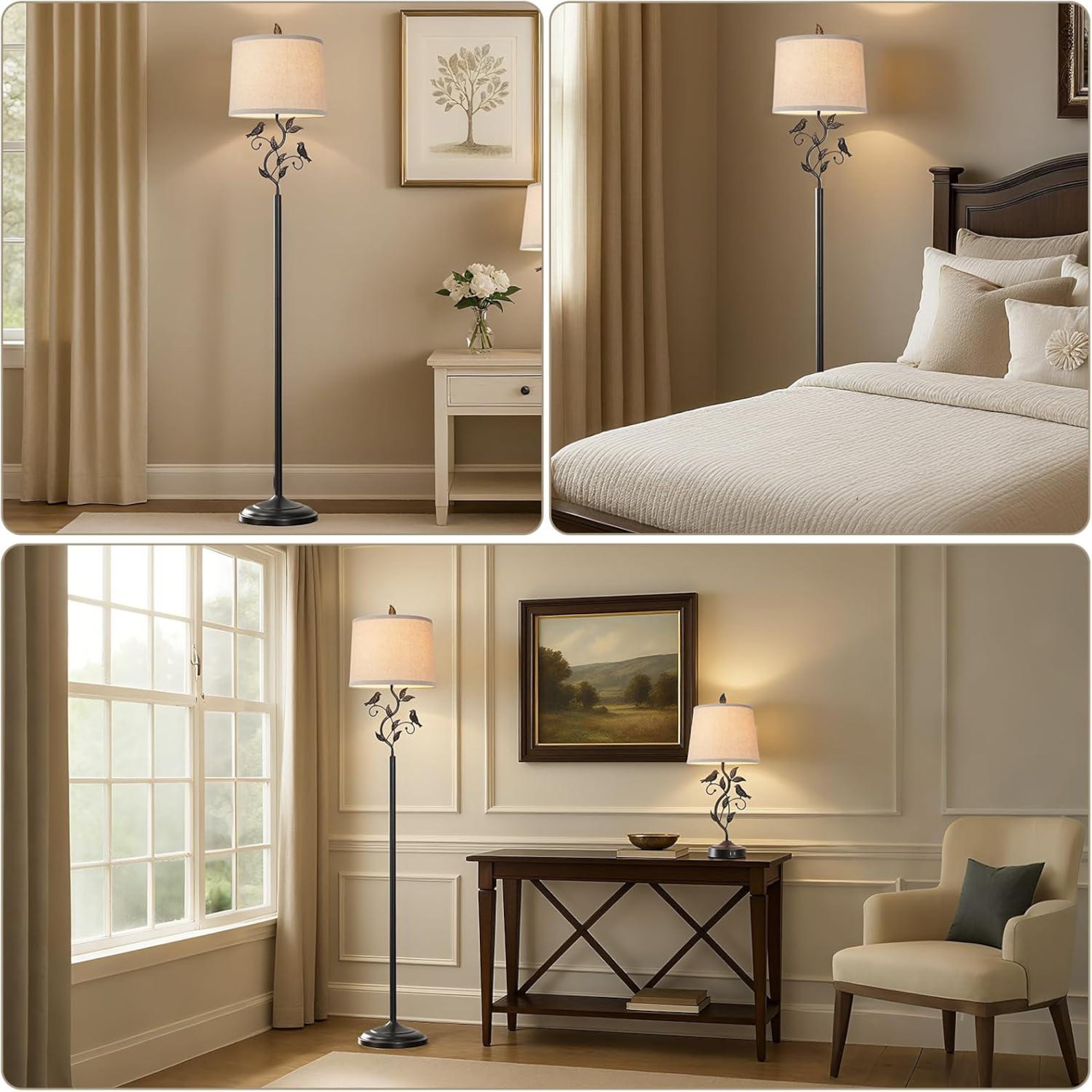 63" Rustic Leaf Floor Lamp, Vintage Floor Lamps for Bedroom Study Room, Unique Bird Tall Standing Lamp with Rotary Switch