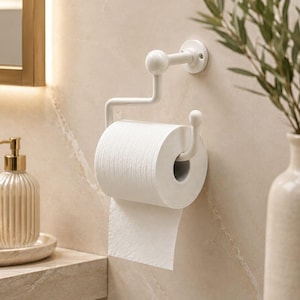 May include: A wall-mounted white metal toilet roll holder with a rounded, minimalist design. The holder features a horizontal arm with a spherical end cap, securely attached to the wall, holding a standard roll of white toilet paper.