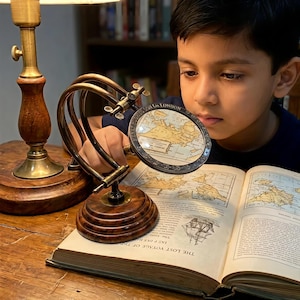 1941 Henry Hughes Son LTD LONDON Brass Magnifying Glass with Wooden Base | Antique Desk Magnifier Stand | Luxury Office Decor & Reading Lens