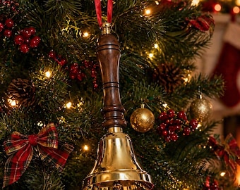 Campana de mano de latón personalizada con mango de madera – Campana de estilo vintage grabada a medida – Campana de boda, decoración náutica, campana escolar, regalo único