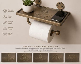 Soporte para toallas de metal bronce personalizado con estante / Colgador de toallas rústico para baño / Soporte para papel higiénico de pared con estante / Organizador de baño de lujo