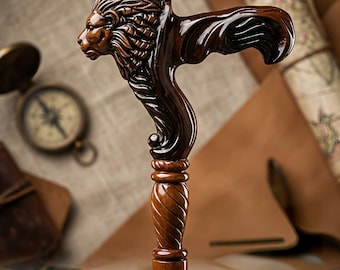 Personalized Luxury Hand-Carved Lion Head Walking Stick – Premium Collapsible Wooden Cane – Custom Engraved Gift – Unique Accessory Gift