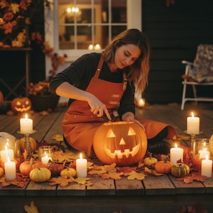 Puede incluir: Una persona tallando una calabaza iluminada en un porche de madera, rodeada de velas, calabazas y hojas de otoño. La persona lleva un delantal naranja. La escena evoca un ambiente acogedor y festivo de Halloween.
