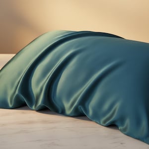 Peut inclure: Une taie d'oreiller en satin de couleur sarcelle avec des plis souples et un éclat lustré. La taie d'oreiller est faite d'un matériau lisse et soyeux, et le tissu se drape avec élégance. La taie d'oreiller est de couleur unie et semble neuve.