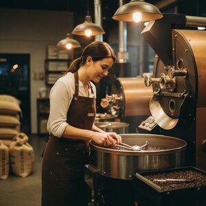 Puede incluir: Una mujer con un delantal marrón trabaja con granos de café en una tostadora comercial. La tostadora es de color cobre y la escena está iluminada por cálidas luces superiores. Sacos de granos de café apilados en el fondo.