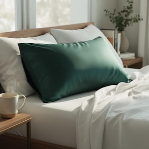 Puede incluir: Una almohada de satén verde oscuro descansa sobre una cama con sábanas y almohadas blancas. Una mesita de noche de madera con una taza y una mesa pequeña con un jarrón con vegetación. La cama está cerca de una ventana.