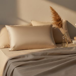 Peut inclure: Un lit avec une literie beige, comprenant une taie d'oreiller et une couverture pliée. Un vase décoratif avec des plantes séchées est posé sur le lit. La taie d'oreiller a une texture lisse et soyeuse. La palette de couleurs est neutre et apaisante.