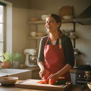 Puede incluir: Una mujer con un delantal rojo en una cocina cortando verduras en una tabla de cortar de madera. La cocina tiene un fregadero blanco, una batidora de pie y estanterías abiertas. La mujer está sonriendo.
