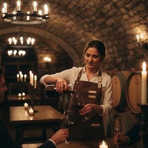 Puede incluir: Una mujer con camisa blanca y delantal marrón sirve vino tinto en dos copas. La escena tiene lugar en una bodega con poca luz, con barriles de madera y mesas iluminadas con velas. Una lámpara de araña cuelga encima.