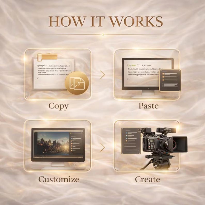 May include: An infographic titled "HOW IT WORKS" shows a step-by-step process. The steps are "Copy", "Paste", "Customize", and "Create". Each step is represented by a computer screen or a video camera.