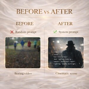 May include: An image comparing "BEFORE" and "AFTER" video results. The "BEFORE" section shows a blurry outdoor scene with people. The "AFTER" section displays a cinematic scene of a figure in a trench coat and hat in the rain. Text includes "Random prompt" and "System prompt."