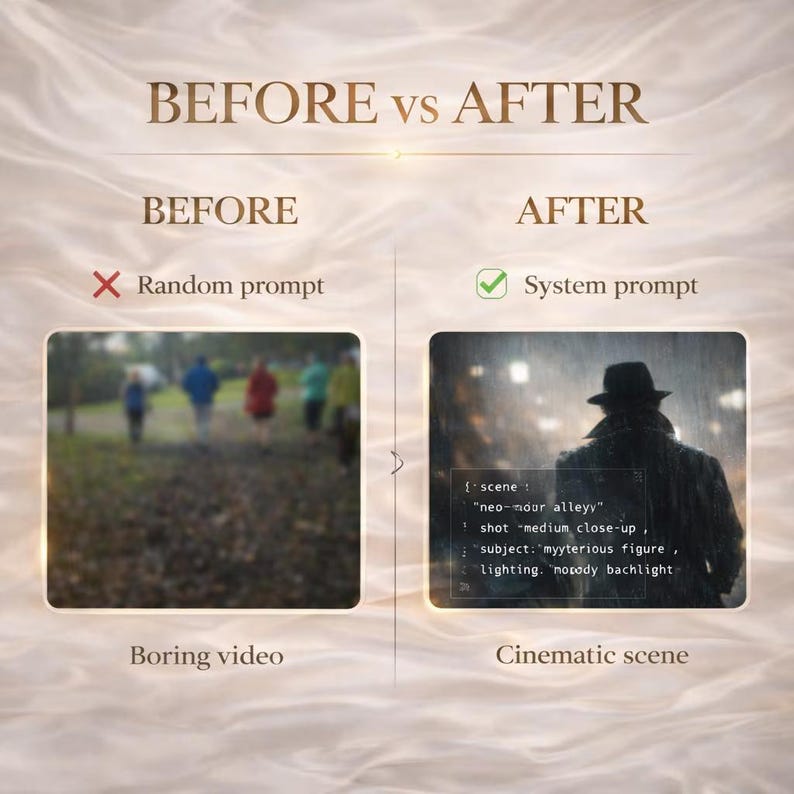 May include: An image comparing "BEFORE" and "AFTER" video results. The "BEFORE" section shows a blurry outdoor scene with people. The "AFTER" section displays a cinematic scene of a figure in a trench coat and hat in the rain. Text includes "Random prompt" and "System prompt."