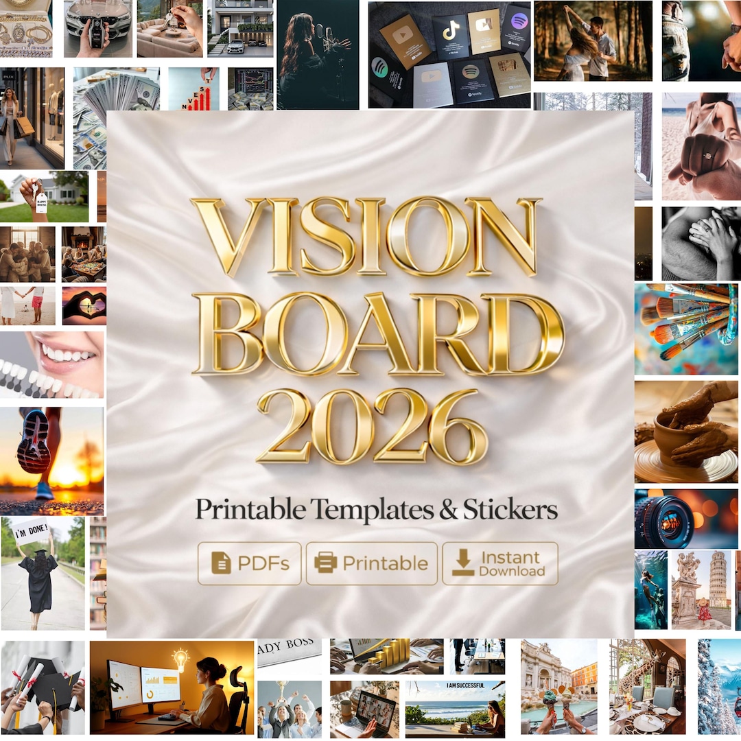Vision Board Printable Kit 2026, Manifestation PDF Guide & Stickers ...
