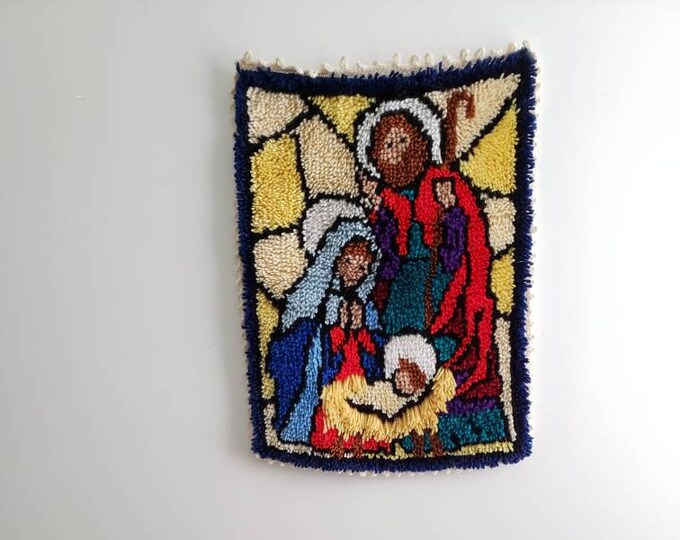 Vintage Latch Hook Rug Nativity Scene Wall Hanging Mary Joseph Baby