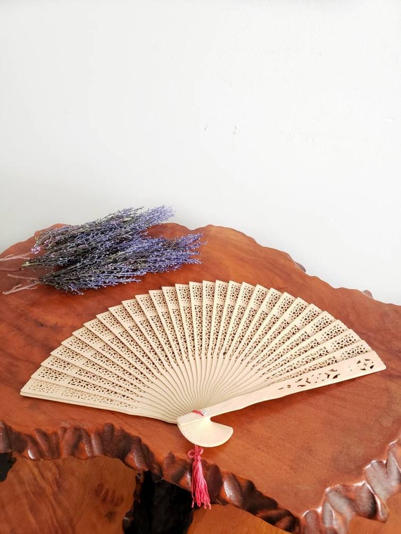 Vintage Pierced Hand Fan With Pink Tassel
