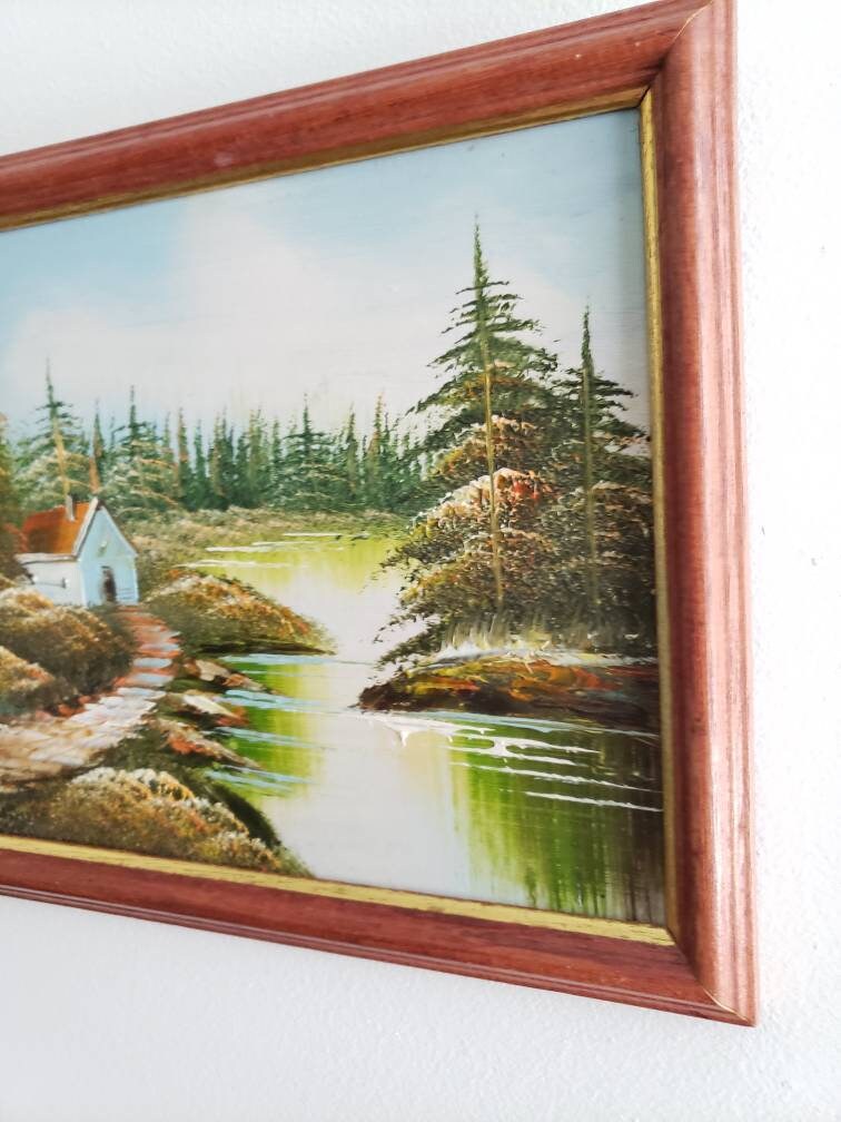 Cabaña de pintura al óleo de paisaje rústico vintage en un río | Etsy