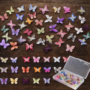 Pode incluir: Uma coleção de enfeites de borboletas coloridas em vários tamanhos e designs, espalhados em uma superfície de madeira escura. As borboletas são em tons de rosa, azul, amarelo e roxo, algumas são armazenadas em um recipiente de plástico transparente.