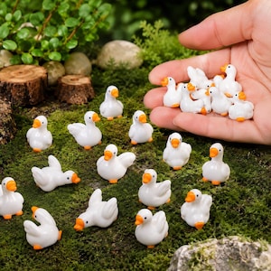 May include: A collection of miniature white duck figurines with orange beaks. Several small ducks are scattered across a mossy surface, while a handful of additional white duck figurines are held in a palm, showcasing their smooth, glossy finish.