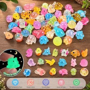May include: A collection of colorful, translucent resin animal figurines, including turtles, bunnies, and other creatures. The figurines are in various colors, such as pink, blue, yellow, and orange. The image also includes a circular graphic that says "Glows in the Dark".