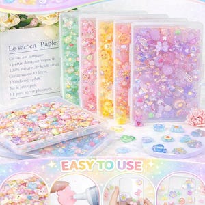 May include: A collection of colorful craft supplies, including various decorative embellishments in clear containers. The image features the text "Don't let the design limit your creativity" and "Easy to use."
