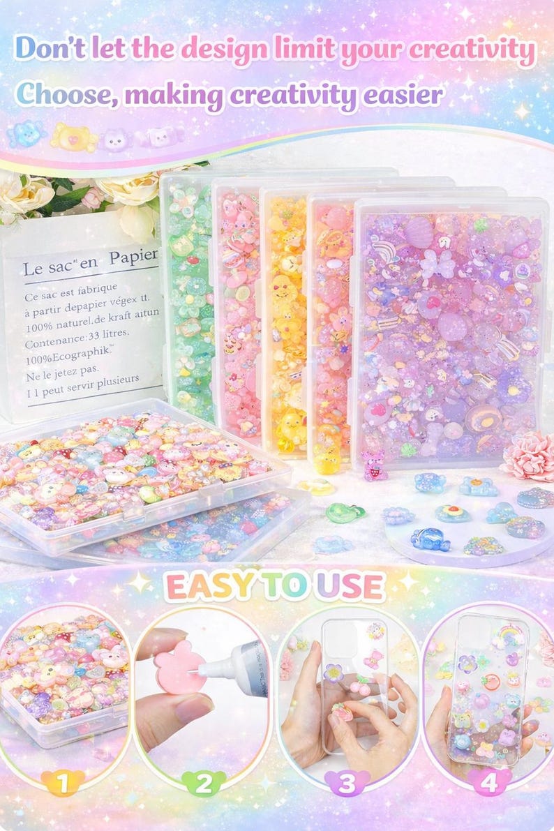 May include: A collection of colorful craft supplies, including various decorative embellishments in clear containers. The image features the text "Don't let the design limit your creativity" and "Easy to use."