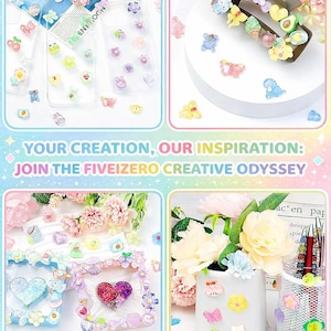 May include: A collage of colorful craft supplies and decorative elements. The image includes phone cases adorned with various charms, decorative frames, and a vase with floral arrangements. Text reads: "YOUR CREATION, OUR INSPIRATION: JOIN THE FIVEIZERO CREATIVE ODYSSEY."